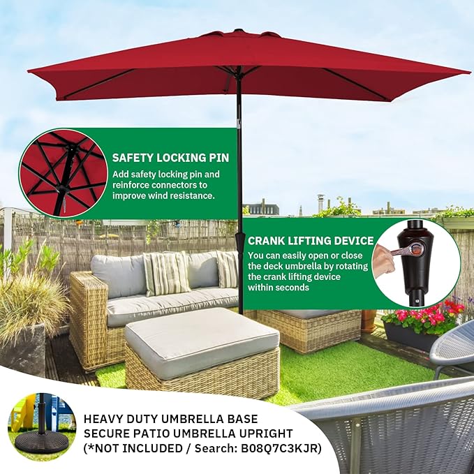 MEWAY 6.6 * 10ft Rectangular Patio Umbrella Market Outdoor Garden Table Deck Backyard Pool Sunshade Umbrella with Tilt, Crank and UV Protection(6.6 * 10 ft, Red)