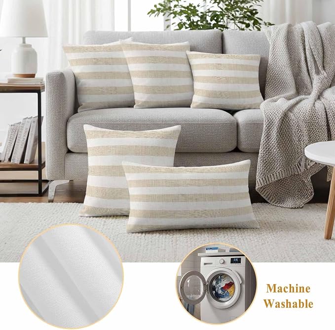 Waterproof Pillow Covers Set of 2,Vintage Yellow Stripe on Linen Outdoor Pillow Protectors with Zipper Pillowcases for Patio Tent Garden Beach 16x16 Inches Farmhouse Line
