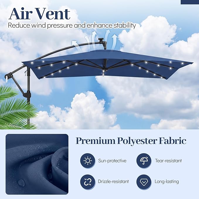 Tangkula 8x8 FT Solar Patio Umbrella with Base Included, Square Offset Cantilever Outdoor Umbrella with 360 Degree Rotation, 32 LED Lights, Crank Handle, 2 Sandbags, 8 Ribs, Air Vent for Pool Deck Garden Backyard