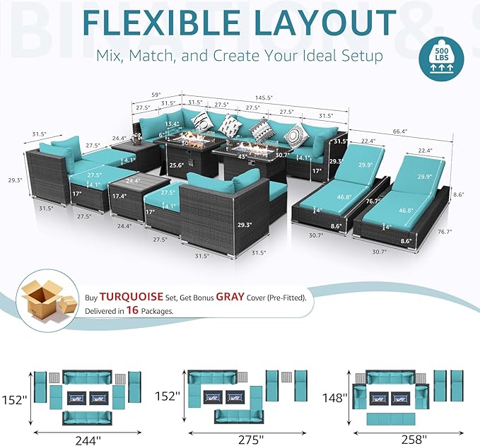 NICESOUL 18 Piece Extra Large Luxury Patio Furniture Set with Firepit, Outdoor Sectional w/Chaise Lounge, Comfy 29.3" High Back Couch Deep Seat, All-Weather Wicker Conversation Set, Gray & Teal
