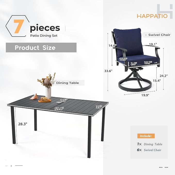 HAPPATIO 7-Piece Patio Dining Set, Outdoor Dining Set with Powder-Coated Metal,Dining Table with Umbrella Hole, 6 Swivel Chairs with Removable Cushions for Porch Poolside Garden,Navy Blue