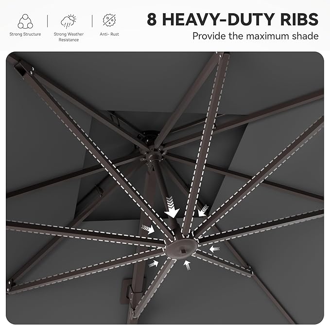 GENTEACO 10X10 FT Cantilever Umbrella with Base Included, Large Offset Patio Umbrella with Double Top, 6 Angle Tilts & 360° Rotation, Large Square Sun Umbrellas for Outdoor Pool Market, Grey
