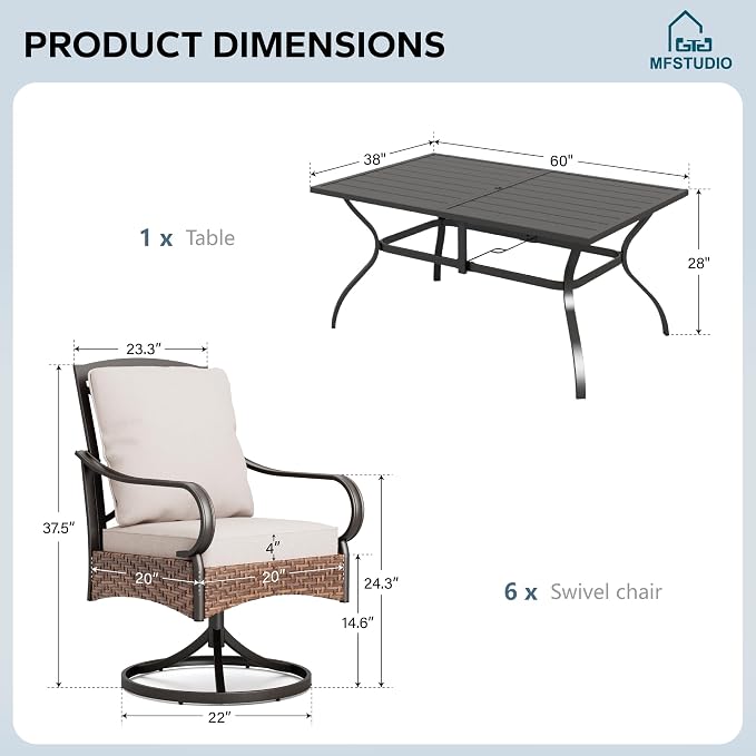 MFSTUDIO Outdoor Patio Dining Set for 6, Outdoor Table and Chairs for 6, Patio Rectangular Metal Table with Swivel Chairs, 7 Pieces Outdoor Dining Furniture Set, 1.6-2'' Umbrella Hole