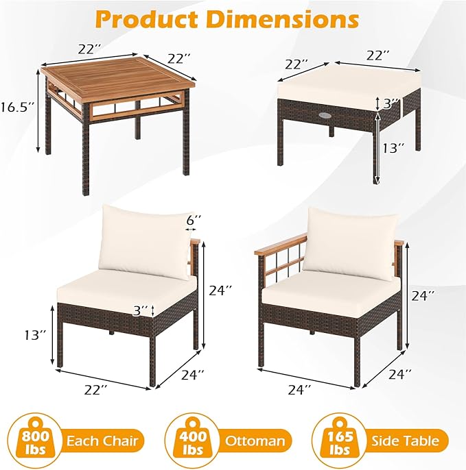 Tangkula 7 Pieces U Shaped Outdoor Wicker Furniture Set, Patio Cushioned Rattan Chairs with Ottomans & Side Table, for Backyard, Porch, Balcony