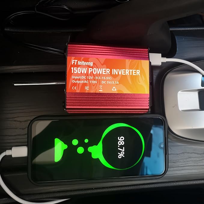 150W Power Inverter 12V DC to 110V AC Car Plug in Adapter Outlet with 2 AC Outlets, Type-C, USB Port Cigarette Lighter Adapter for Phone, Laptop and Small Devices on Road Trip