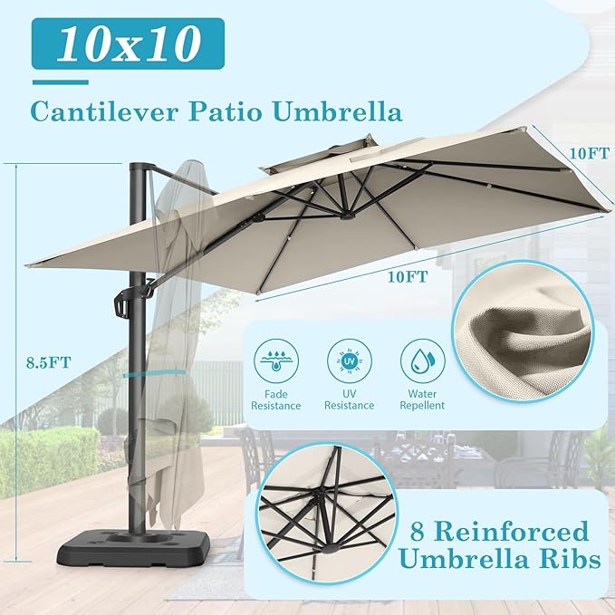HOTEEL10x10ft Patio Umbrella Cantilever Umbrellas Double Top - Upgrade and Intensify - 360 Rotation and 5 Angles Adjustment - Aluminum Offset Pool Umbrella Outdoor Umbrellas for Patio Garden Pool