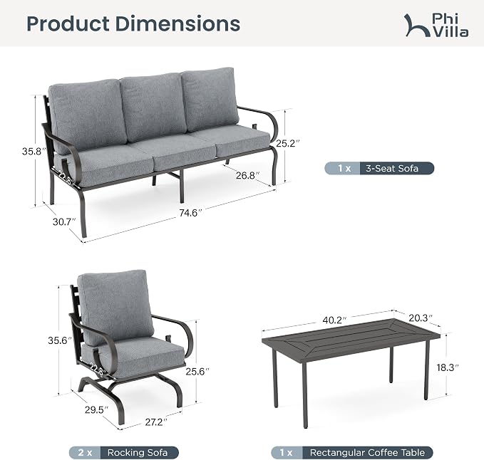 PHI VILLA Patio Furniture Set, 3-Seater Sofa, 4 Rocking Chairs and a Coffee Table, Outdoor Metal Conversation Set with 5.75" Extra Thick Cushion for Garden Backyard Deck, Grey