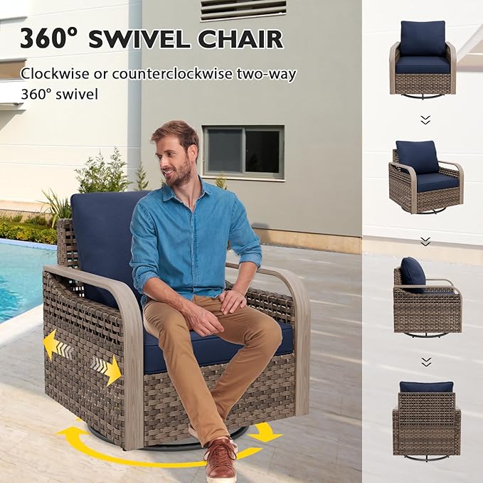 EAGLE PEAK Modern Wicker Outdoor Patio Furniture Set, Patio Conversation Set, 2 Swivel Rocking Chairs, 3-Seat Loveseat, 2 Ottomans and Coffee Table, 6 Pieces, Brown/Blue