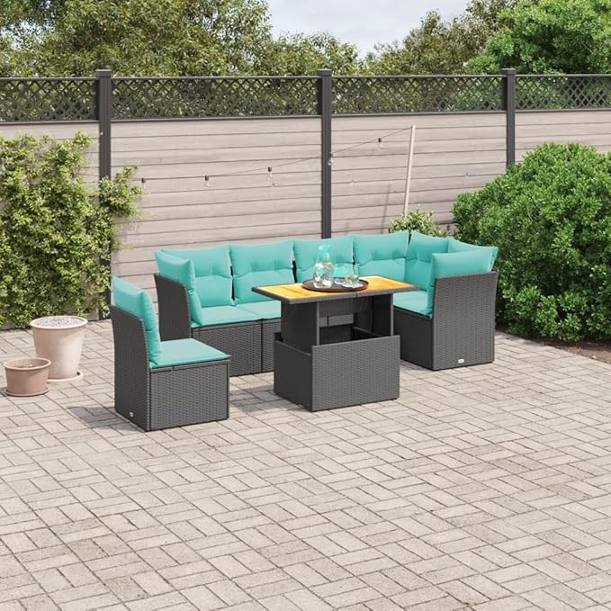 vidaXL Patio Sofa Set with Cushions 7 Piece, Outdoor Sectional Sofa Couch, Patio Conversation Set for Garden Backyard, Black Poly Rattan