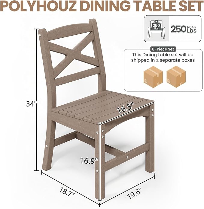Outdoor Armless Dining Chairs Set of 8,HDPE Patio Chairs with Wide Seat,All-Weather HDPE Patio Armless Chairs for Porch, Backyard, Deck, White Brown, Table not Included