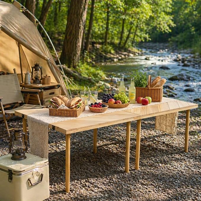 Folding Wood Picnic Table, Natural Pine, Portable with Carry Handle, Outdoor Dining