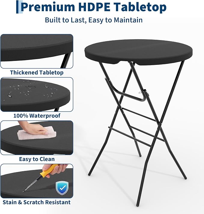 Garvee 32" Folding Cocktail Table, HDPE Round High Top Table with Metal Frame & Locking Legs, Folding Bar Table for Patio Backyard Indoor & Outdoor Events, Black