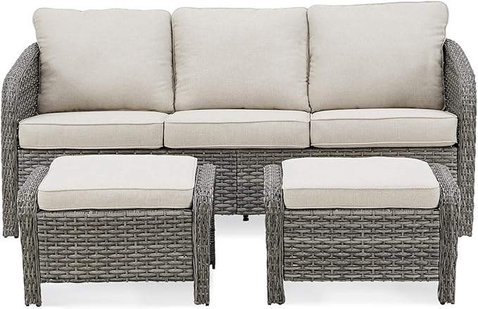 Belord Outdoor Patio Furniture Sofa Set - 3 Pieces PE Wicker Patio Furniture Section Couch with Multifunctional Ottoman, All-Weather Patio Conversation Set for Deck Balcony Garden Grey/Beige