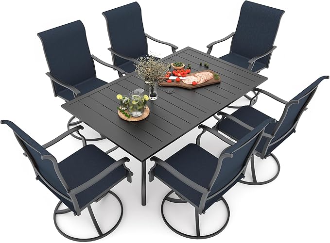 Anmutig 7-Piece Outdoor Patio Dining Set, 63'' Rectangular Dining Table and Set of 6 Swivel Rocker Chairs with All Weather Frame - Navy Style1