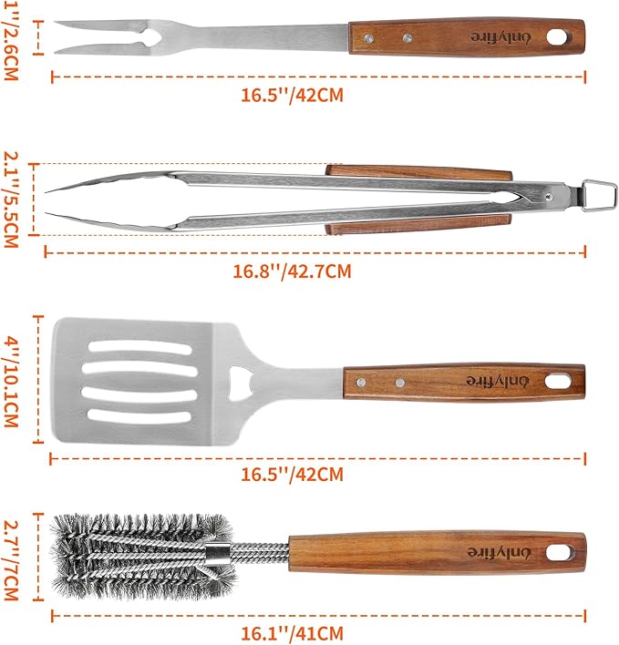 onlyfire 4PCS BBQ Tools, Stainless Steel Griddle Accessories for Outdoor Cooking Camping, Grilling Utensil Set Including Grill BBQ Spatulas, Barbecue Tong, Grill Fork and BBQ Brush
