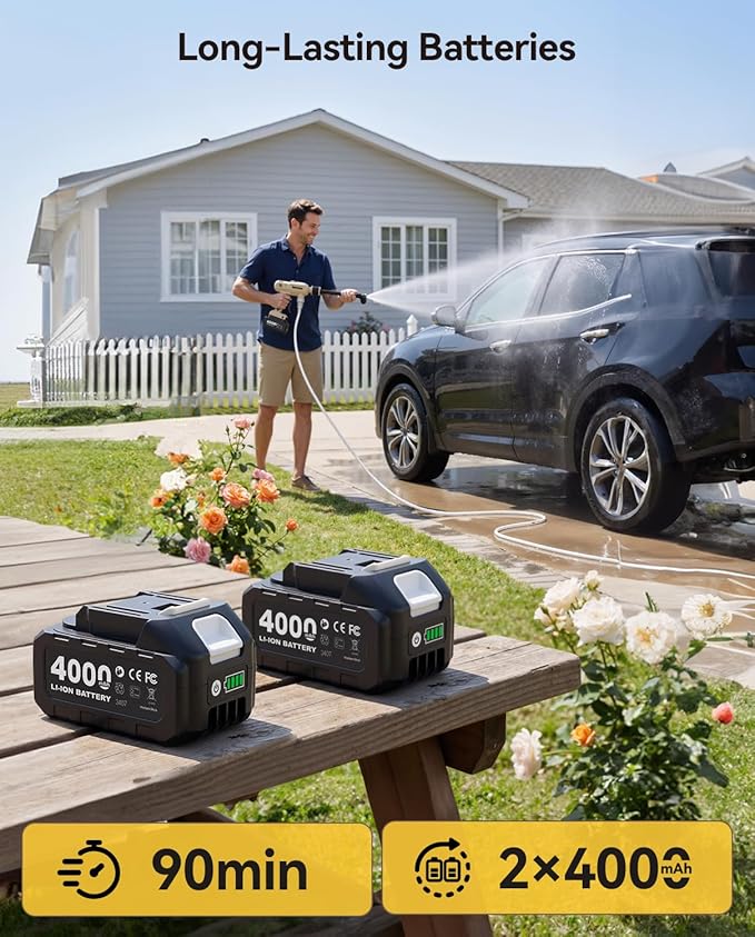 TaskStar Cordless Portable Cleaning Tool: 2X 4.0Ah Batteries Powered Electric Washer with Brushless Motor, 2 Power Modes, 6-in-1 Spray Nozzle, 26FT Extended Hose for Car, Garden, Outdoor Cleaning