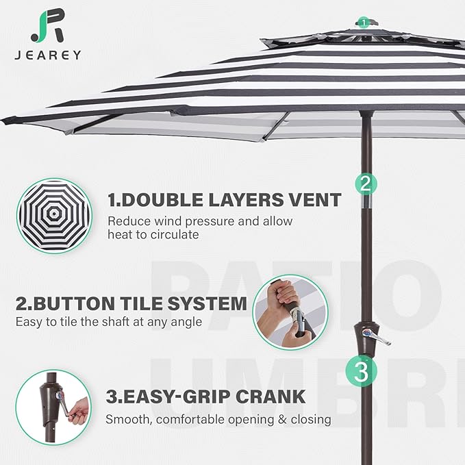 JEAREY 9' 2-Tiers Patio Umbrellas Outdoor Table Market Umbrella w/Push Button Tilt/Crank, 8 Sturdy Ribs, UV Protection Waterproof Sunproof(Black Striped)