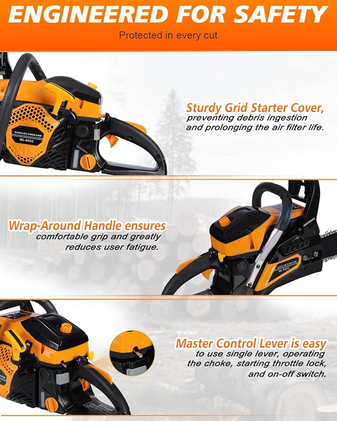 63CC Gas Powered Chainsaw 20 Inch, 2-Cycle Engine with 2 Chains & Bars, Heavy Duty Gas Chain Saw for Tree Felling, Logging, and Firewood Cutting (63CC – Yello)
