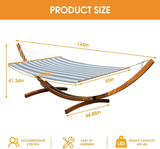 Lazy Daze Hammocks 12 FT 2 Person Double Quick Dry Textilene Hammock with Curved Steel Heavy Duty Stand for Outside, Backyard, Patio, 450 Lbs Capacity, Blue White Stripes