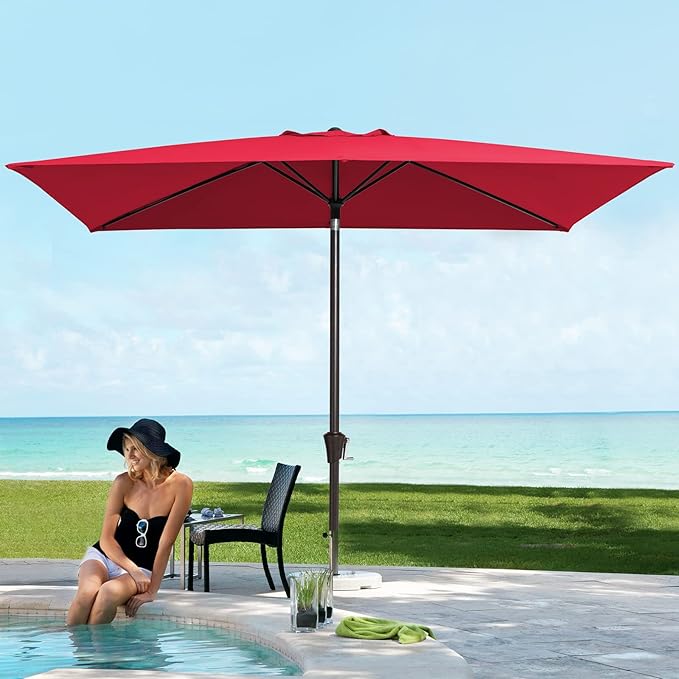 JEAREY 6.5x10ft Olefin Rectangular Patio Umbrella, Rectangle Outdoor Umbrellas with Auto Tilt Crank System, Market Table Umbrella UV Protection Fade-Resistant for Pool Deck Garden Yard, Red