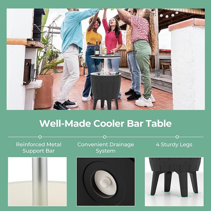 10 Gallon Cooler Table, Cool Bar Table with Height Adjustable Tabletop & Drainage Plug, 3-in-1 Cocktail Drinks & Wine, Outdoor Cooler Side Table for Backyard, Party, Poolside (Black)