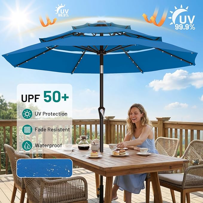 AreShark 9ft 3 Tiers Patio Umbrella with Solar Lights, Outdoor Umbrella w/ 32 LED Lights&8 Sturdy Ribs, Table Umbrella for Deck, Backyard, Pool (Royal Blue)