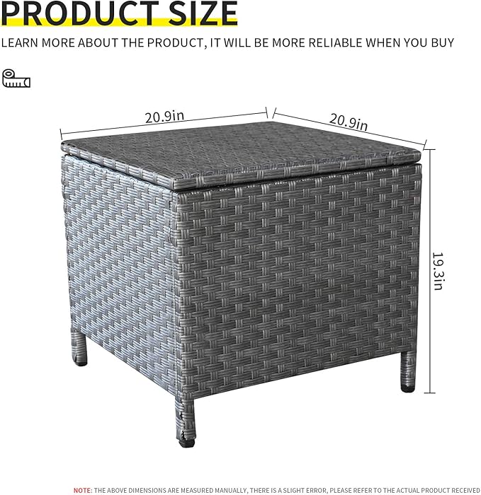 Lviden Outdoor Wicker Storage Side Table, Patio Grey PE Rattan End Table with Storage, Square Container for Furniture Covers, Toys, and Gardening Tools
