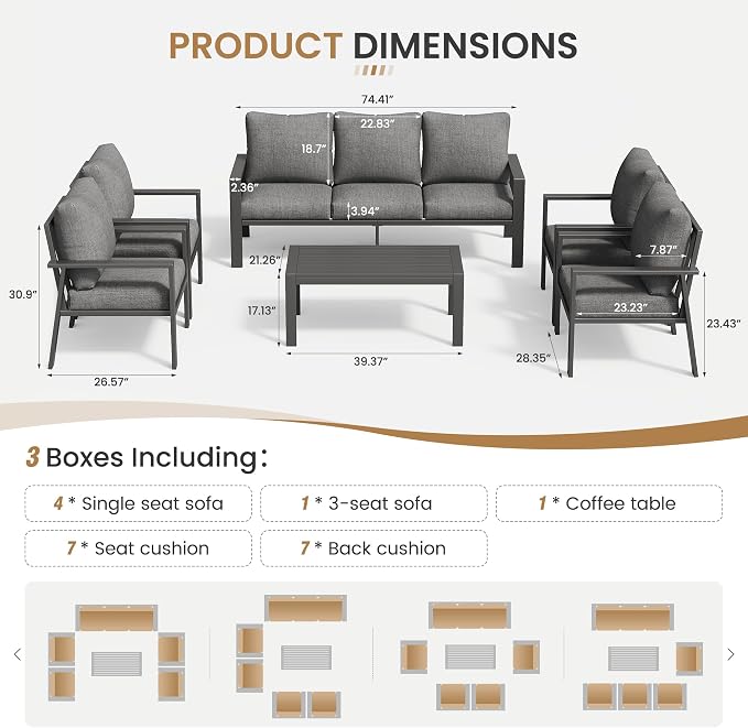 Aluminum Patio Conversation Sets All-Weather Sectional Outdoor Furniture Set with Coffee Table & Cushions with Removable Covers for for Backyard, Garden and Poolside Easy Assembly(Gray)