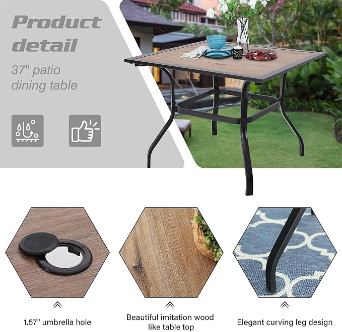 PHI VILLA 5 Piece Patio Dining Set Metal Outdoor Table and Chairs Furniture Set, 37" Square Bistro Table with Umbrella Hole and 4 Backyard Garden Chairs Support 300LBS for Deck, Lawn, Garden