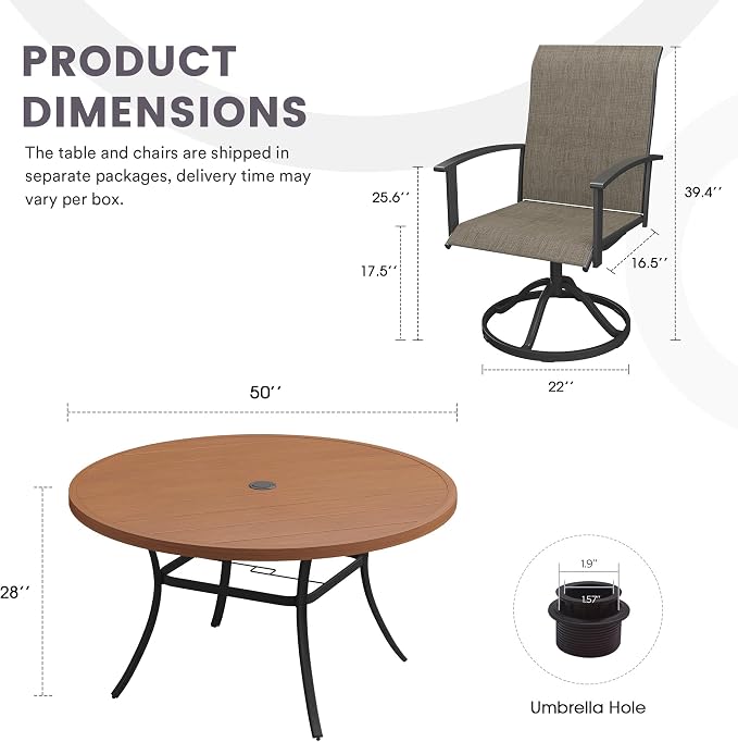 7 Pieces Outdoor Patio Dining Table Set, 50" All Weather Round Metal Table with Umbrella Hole and 6 High Back Textilene Swivel Chairs for Garden, Lawn, Poolside, Walnut Table & Brown Chairs