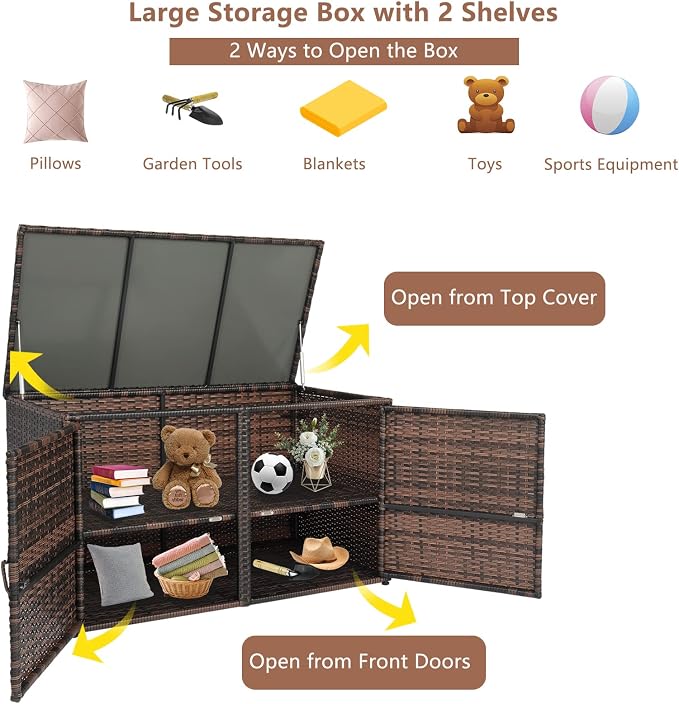 Henf Outdoor Wicker Storage Box Patio Rattan Deck Box with Double Doors & Shelf, All Weather Patio Furniture Storage Organizer for Storing Tools, Accessories and Toys (Brown)