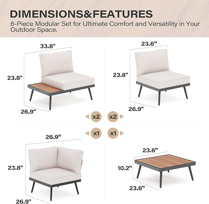 LAUSAINT HOME 6 Pieces Outdoor Patio Furniture Set, L Shaped Patio Sofa with Coffee Top Table, Metal Conversation Set with Coffee Table and Thickened Cushions for Poolside, Patio, Yard, Beige