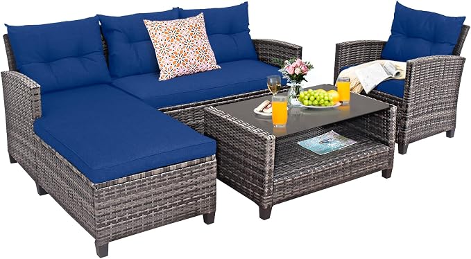 Tangkula 4 Pieces Rattan Conversation Set, Patiojoy Outdoor Furniture Set with Cushions, Lounge Sofa Set with Coffee Table, Patio Sectional Sofa Set for Patio Garden Poolside Backyard (Navy)