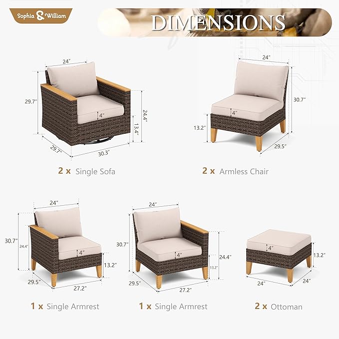 Sophia & William Half Moon Outdoor Sectional Furniture with High Back Swivel Rocker Chairs and Curved Sofa, 10PCS Wicker Patio Conversation Set for Deck Yard and Poolside, Beige