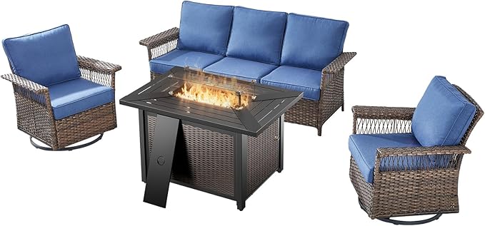 Patio Furniture Set with Fire Pit Table, 4PCS Patio Conversation Set Brown Resin Wicker Swivel Patio Chair and Sofa with 43in Rectangular Iron Fire Table PE Rattan Furniture Set