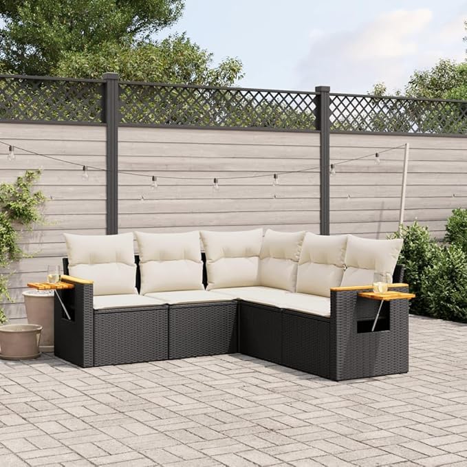 vidaXL Patio Sofa Set with Cushions 5 Piece, Outdoor Conversation Set, Sectional Sofa for Balcony Garden, Modern Style, Black Poly Rattan