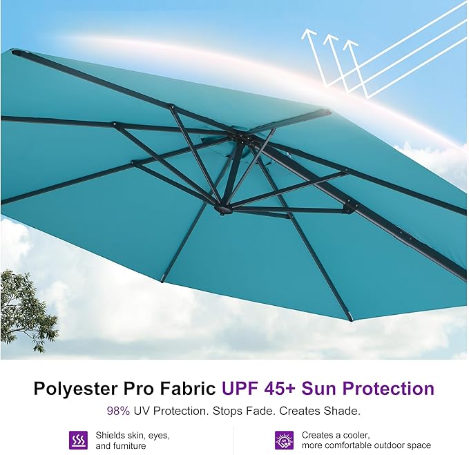 PURPLE LEAF 11 Feet Patio Umbrella with Base and Cover Round Outdoor Cantilever Umbrella Aluminum Offset Umbrella with 360-degree Rotation for Garden Deck Pool Patio Turquoise Blue