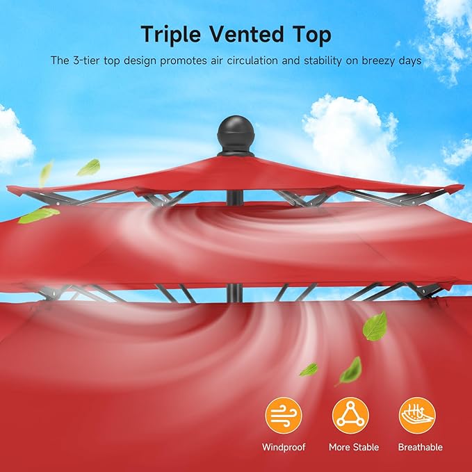 ONBRILL 9 FT Outdoor Patio Umbrella, 3 Tier Market Table Umbrella with 8 Sturdy Fiberglass Ribs and 1.5’’ Pole, Smooth Button Tilt Patio Umbrella for Backyard Pool Garden, Red(No Base)