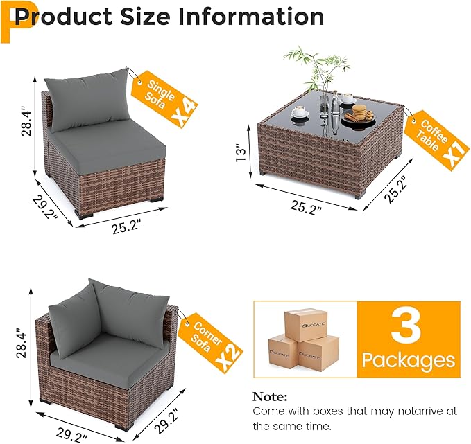 UDPATIO Furniture Set, 7 Piece Sectional Sofas with Wicker Coffee Table, Conversation for Garden, Backyard, Dark Grey