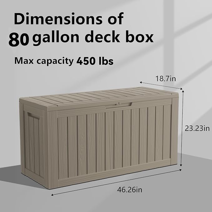 PatioZen 80 Gallon Resin Deck Box, Lockable Outdoor Storage Box for Patio Cushions Storage Furniture,Garden Tools, Pool Supplies, Weatherproof and UV Resistant (Grey)
