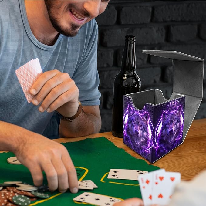 Cool Wolf Purple Card Deck Box for MTG, Personalized Card Storage Case Fits 120+ Sleeved Cards, Premium Leather TCG Box with Strong Magnetic Closure for Magic, CCG, PTCG, Baseball Cards