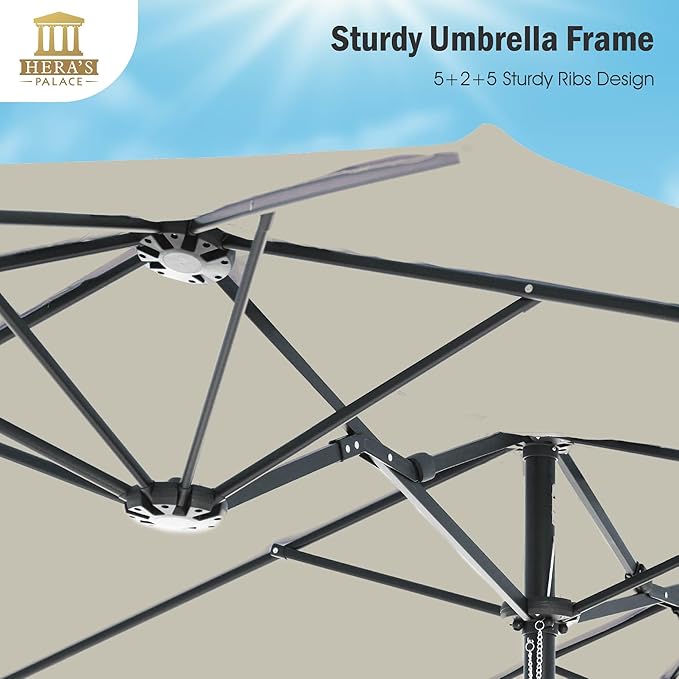 HERA'S PALACE Umbrella Patio Outdoor with Base 15ft Rectangle Table Double Market Umbrellas Clearance Large Included Stand for Deck Outside Pool Picnic Inground Yard Commercial (Ivory)