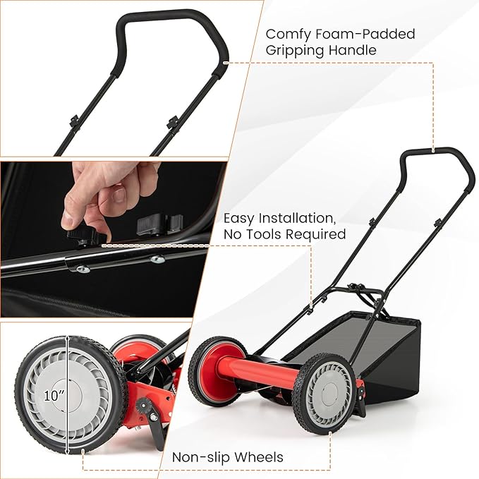 16" Manual Rear Mower, Push Lawn Mower with 5 Steel Blades, Adjustable Cutting Heights & Grass Catcher Bag, Walk-Behind Grass Cutter Lawn Sweeper for Garden, Park & Yard (Red)