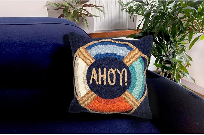 Liora Manne FRONTPORCH Indoor/Outdoor Handmade Pillow - Traditional Graphic Casual Beach Accent (Ahoy Navy) (18" x 18")