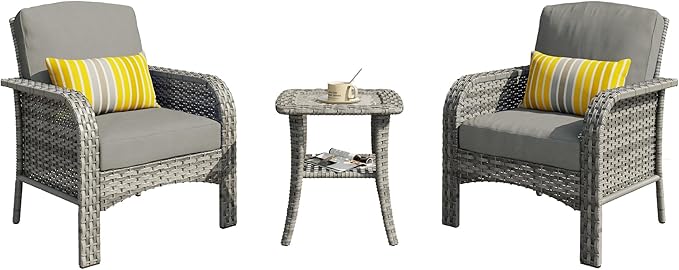 3 PCS Outdoor Patio Furniture Set with Side Table, All-Weather Rattan Wicker Outdoor Conversation Set with Thickened Cushions for Balcony Backyard Garden Lawn,Dark Grey