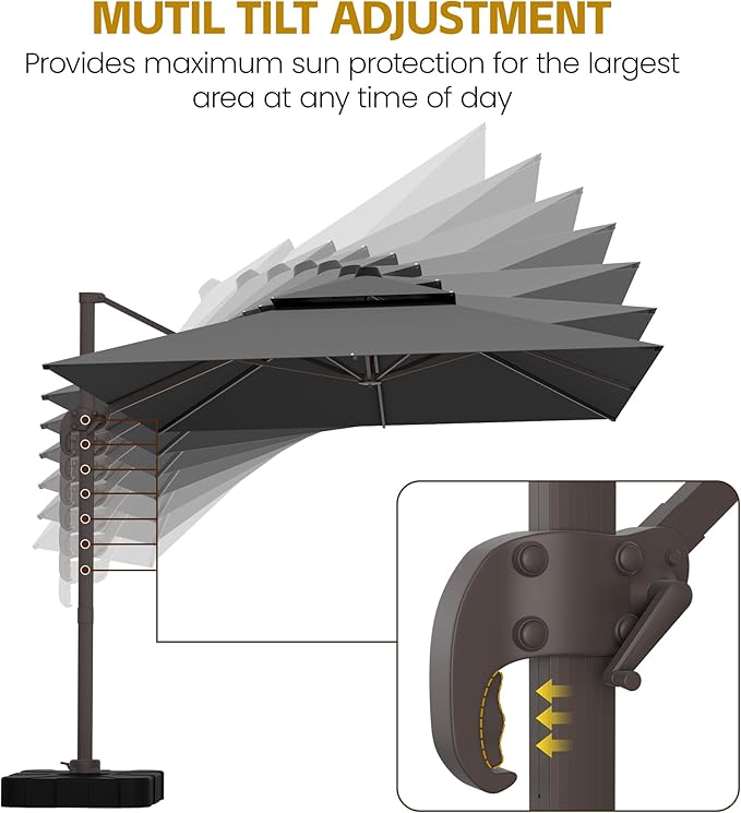 HASLE OUTFITTERS 10x10 FT Patio Cantilever Umbrella with Base, Outdoor Offset Large Rectangular Heavy Duty Double Top Umbrellas with 360° Rotation for Pool Garden Deck，Grey