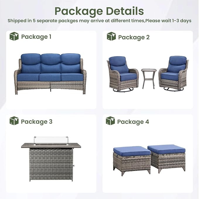 Luxury Patio Furniture Set with 6-inch Thick Cushion, Outdoor Furniture with Fire Pit Table, Swivel Chairs, Sofa, Side Table, Ottomans, 7pcs Wicker Conversation Set(Grey Wicker/Blue Cushion)