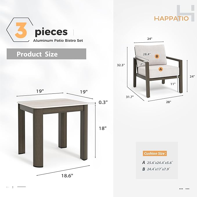HAPPATIO Patio Conversation Set, 3-Piece Aluminum Oversized Patio Furniture Set with Rope Woven Backrest, Side Table and 2 Chairs with Thick Cushion, Hand-Brushed Frame for Yard, Porch, Balcony