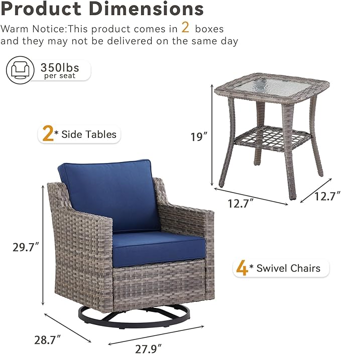 Patio Wicker Chairs Swivel Rocker-Outdoor Swivel Rocker Chair Set of 4 with All Weather Wicker Glider Rocker Set, PE Rattan Swivel Rocking Chair with 2 Side Table for Balcony Deck Porch Grey/Blue