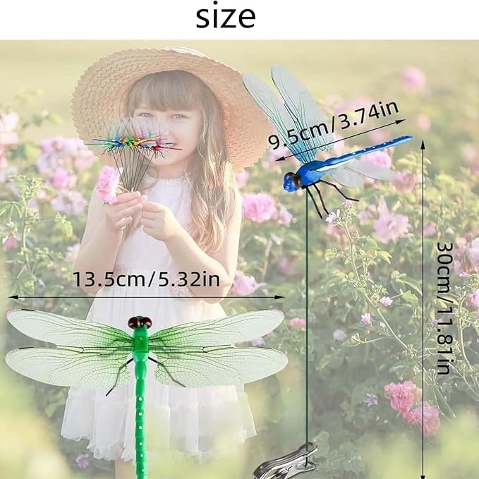 Artificial Dragonfly Pole Clips for Outdoors,Dragonfly Hat Clip,3D Dragonfly Garden Decorative Clips,Horticultural Dragonfly Decoration 12Pcs